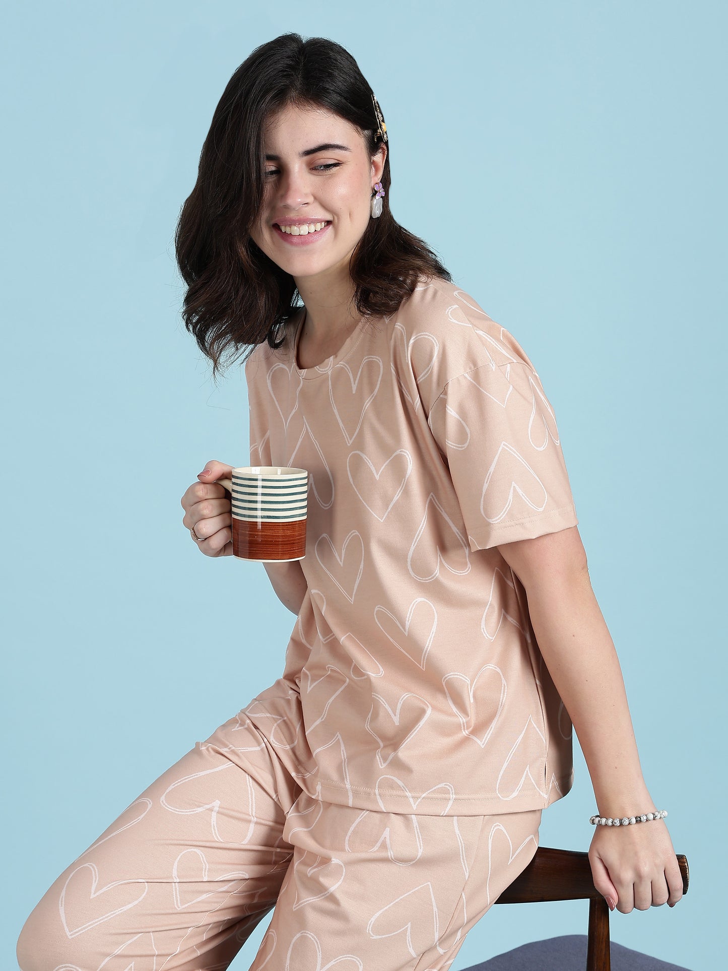 Creamy Heart Dream-Soft Lycra PJ Set for Teens