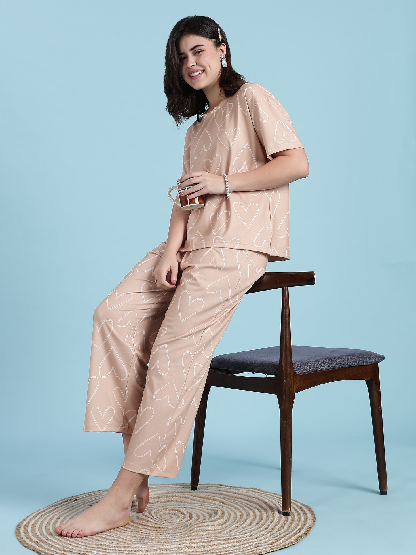 Creamy Heart Dream-Soft Lycra PJ Set for Teens