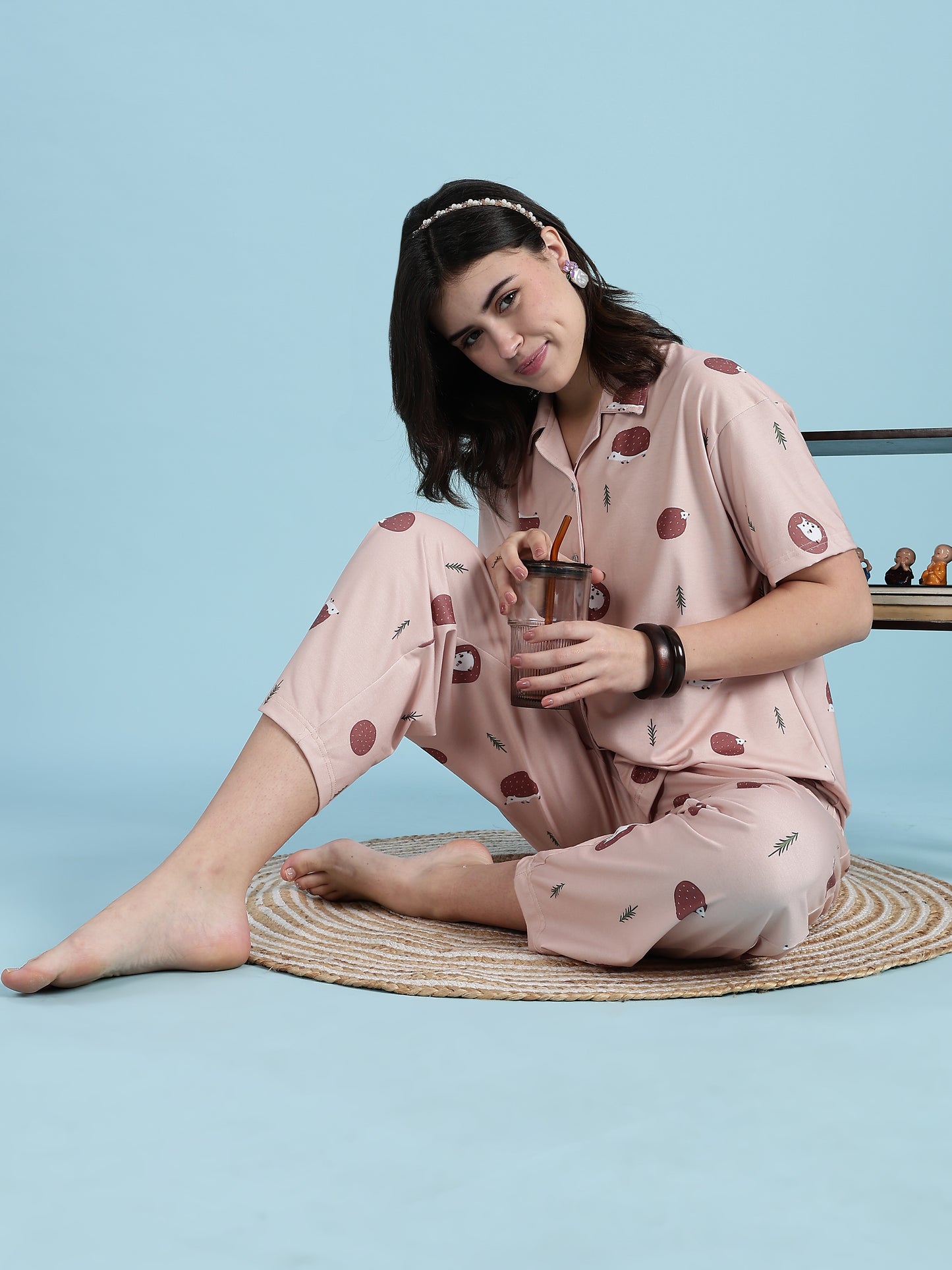 Warm Latte Hedgehog Print Soft-Lounge Set