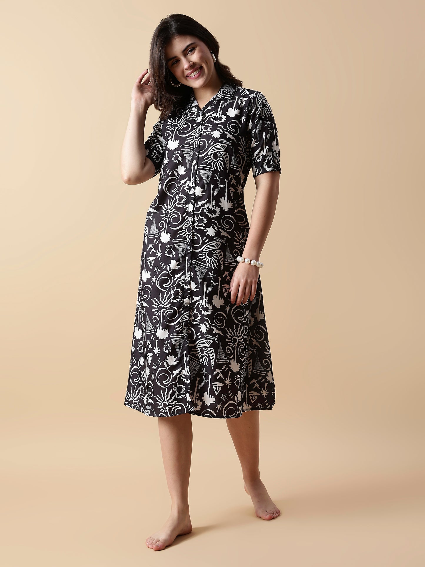 Twilight Florals Button-Down A-Line Rayon Nighty for Teens