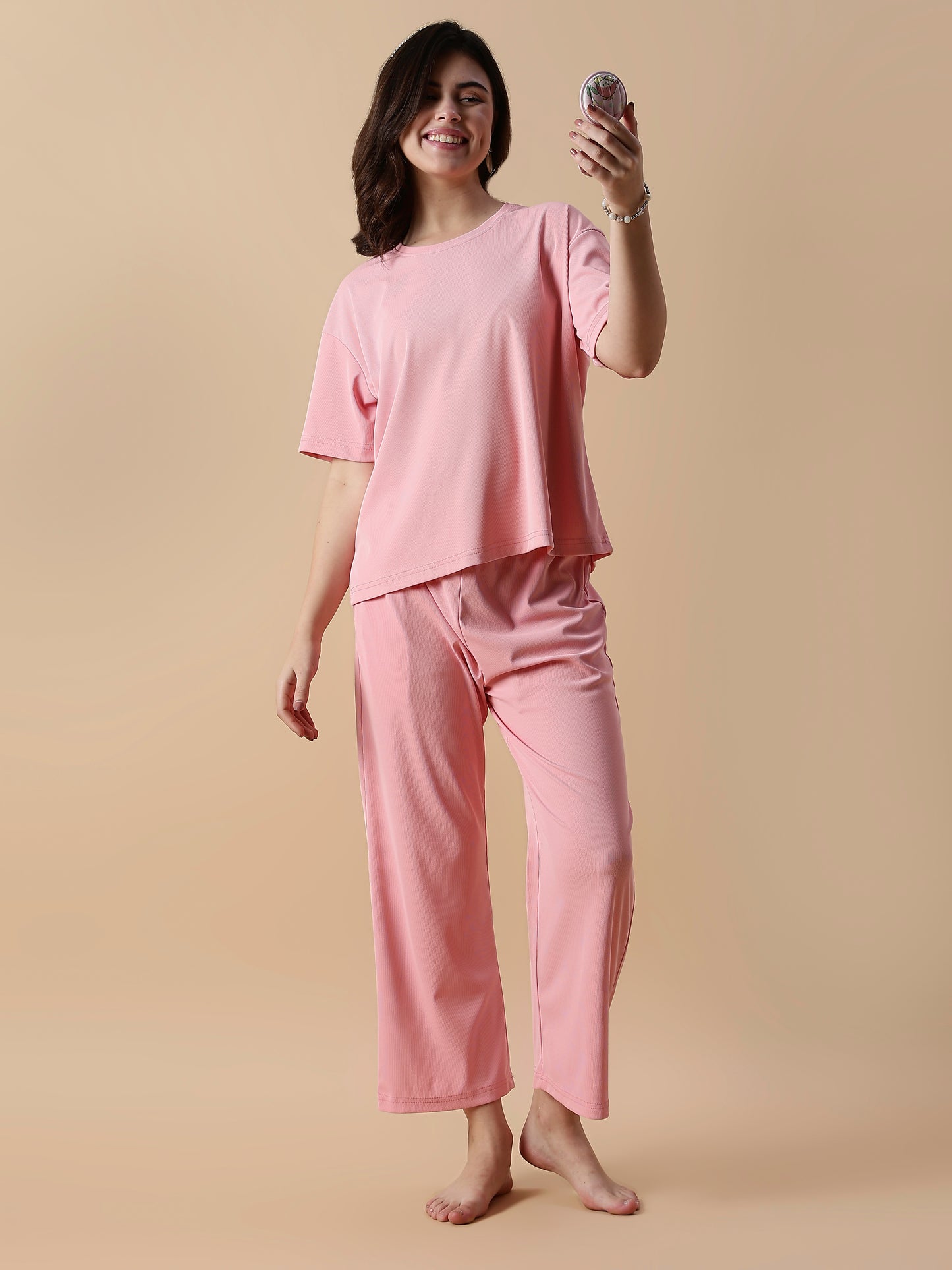 Soft Peach Micro-Rib Lounge Co-ord Set Flowy Tee & Comfy Straight Pants