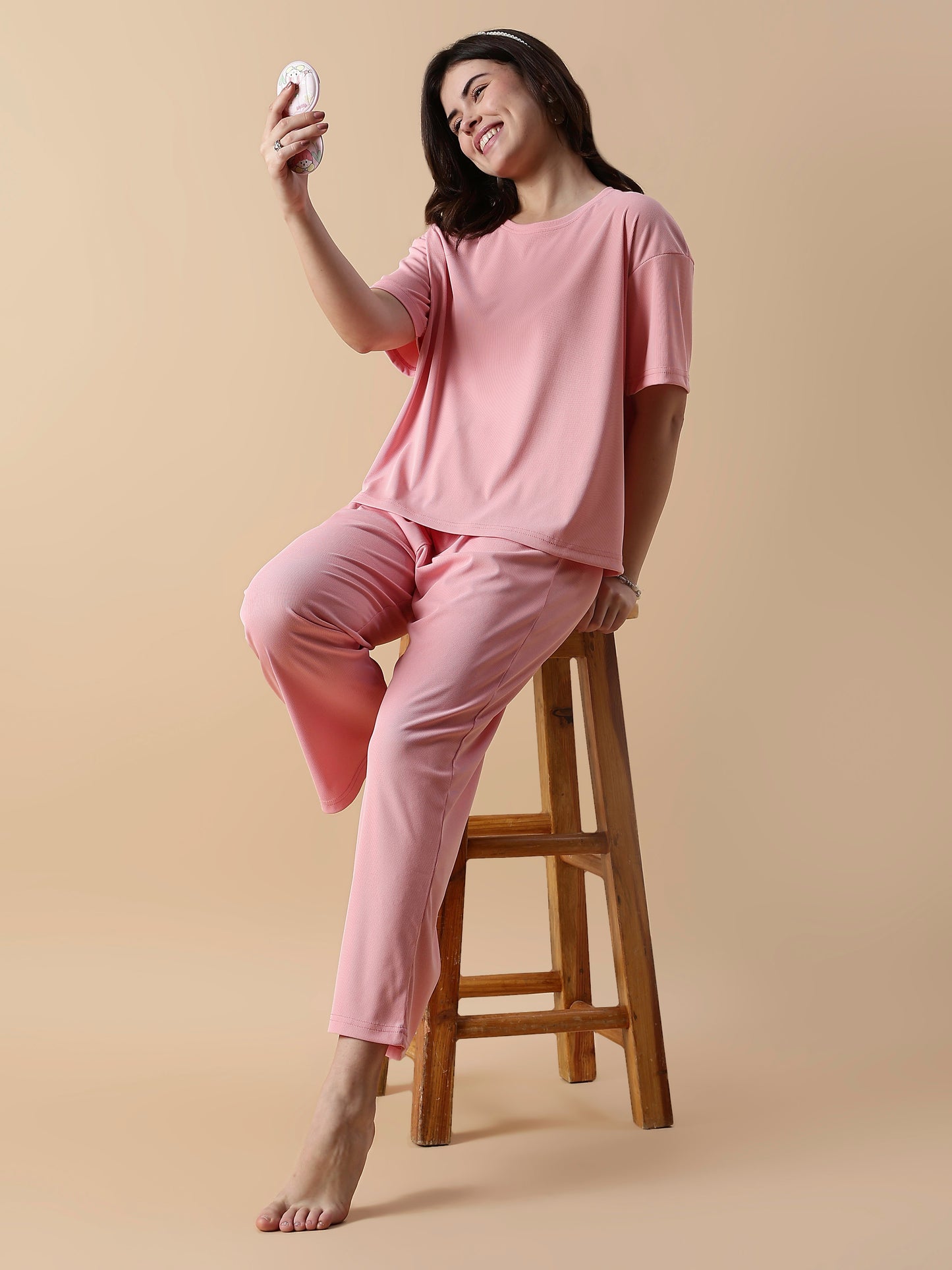 Soft Peach Micro-Rib Lounge Co-ord Set Flowy Tee & Comfy Straight Pants