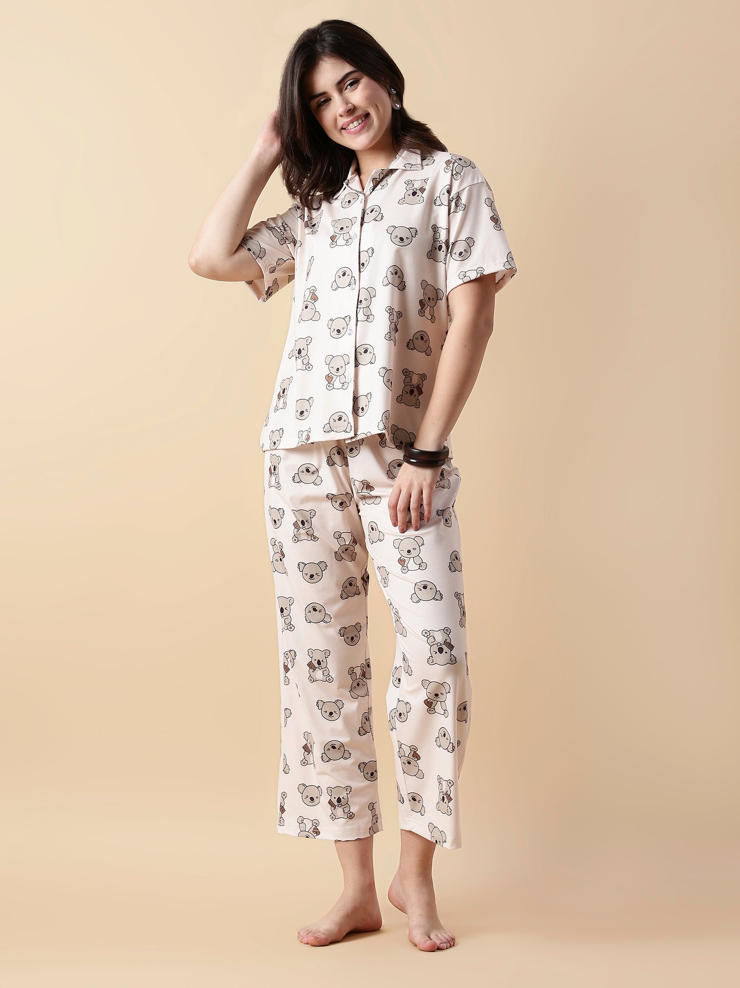 Creamy Teddy Soft Lycra Cute Loungewear Set