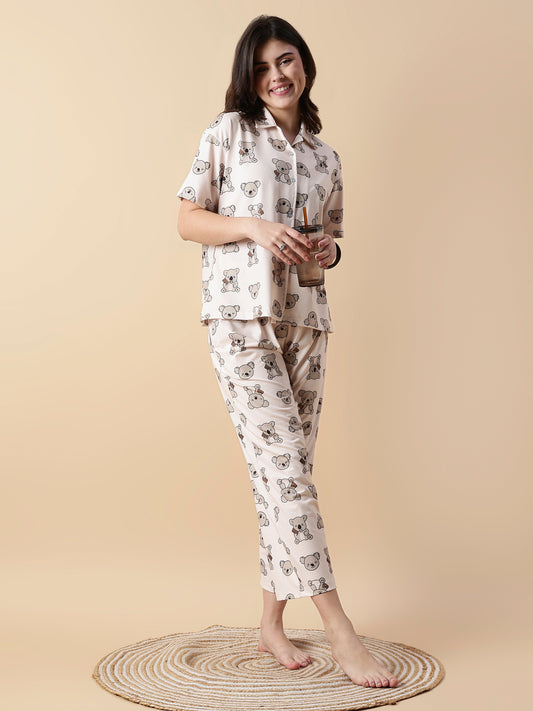 Creamy Teddy Soft Lycra Cute Loungewear Set