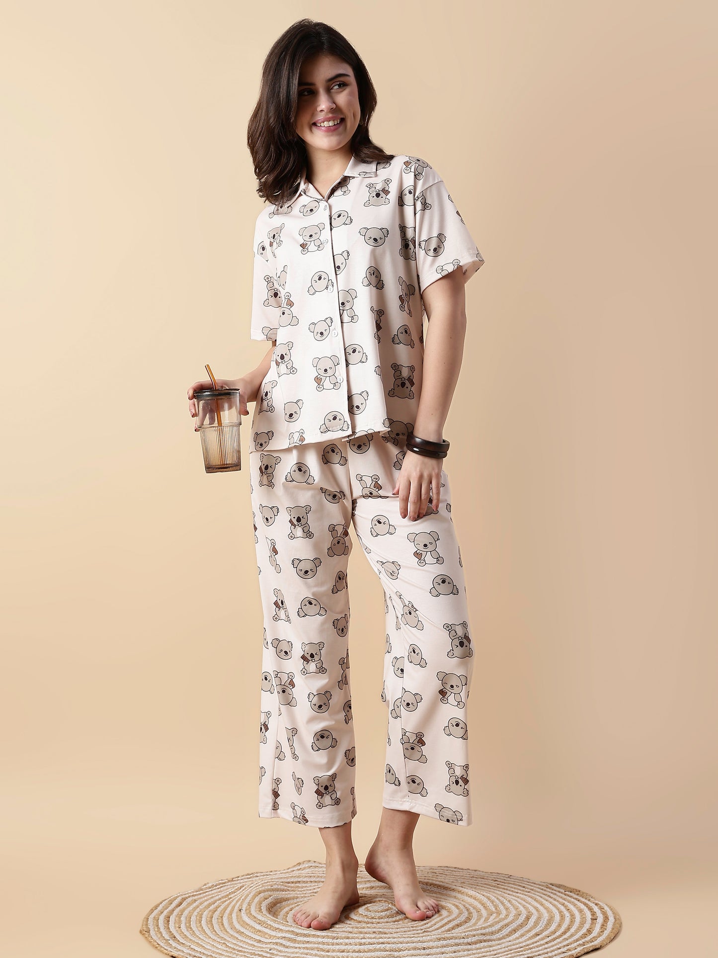 Creamy Teddy Soft Lycra Cute Loungewear Set