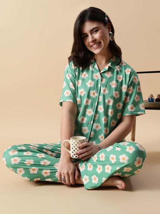 Flower Power Green Daisy Print Soft Loungewear Set