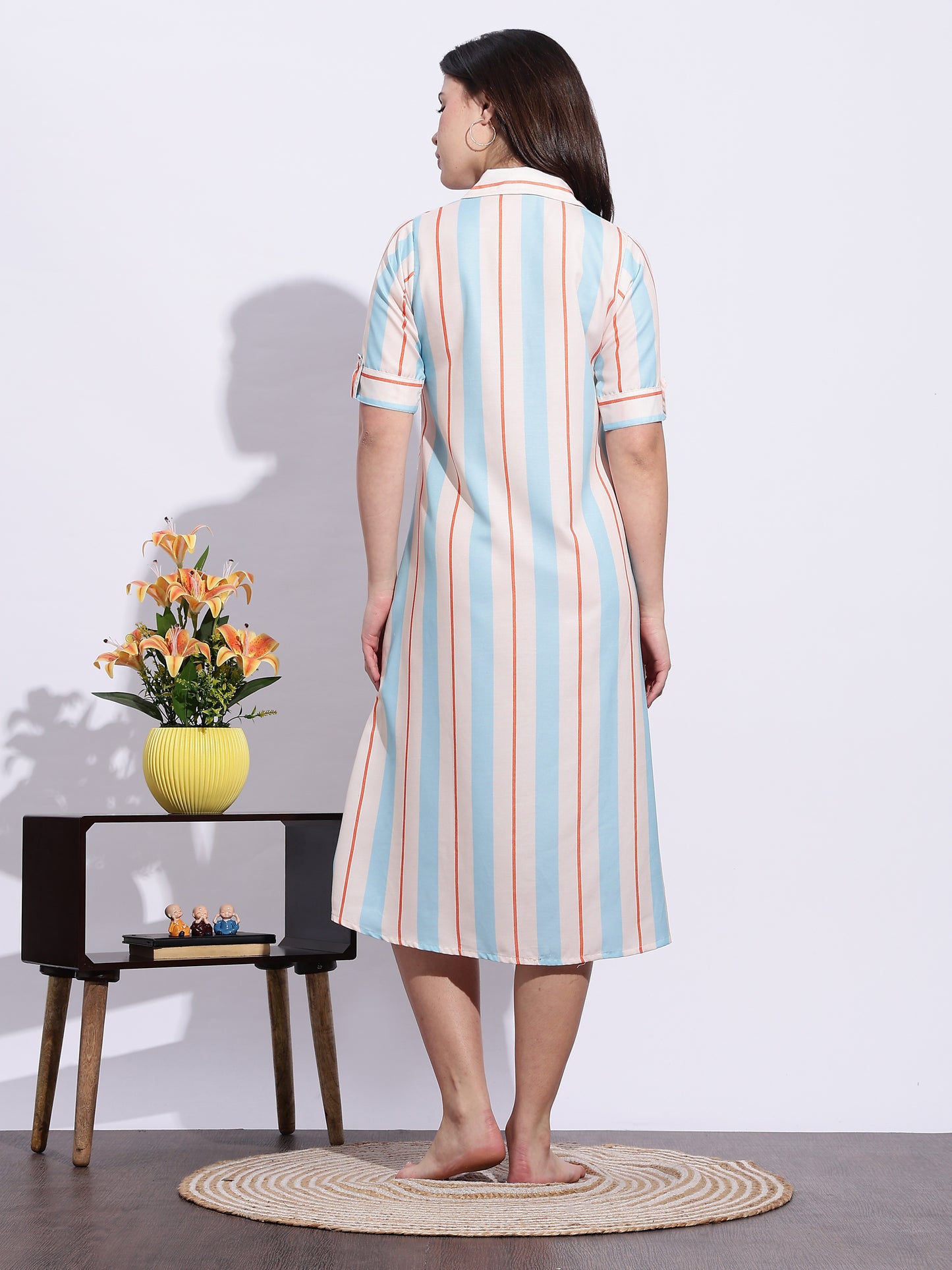 Retro Rush Printed A-Line Short Nighty for Teens Soft Striped Dress