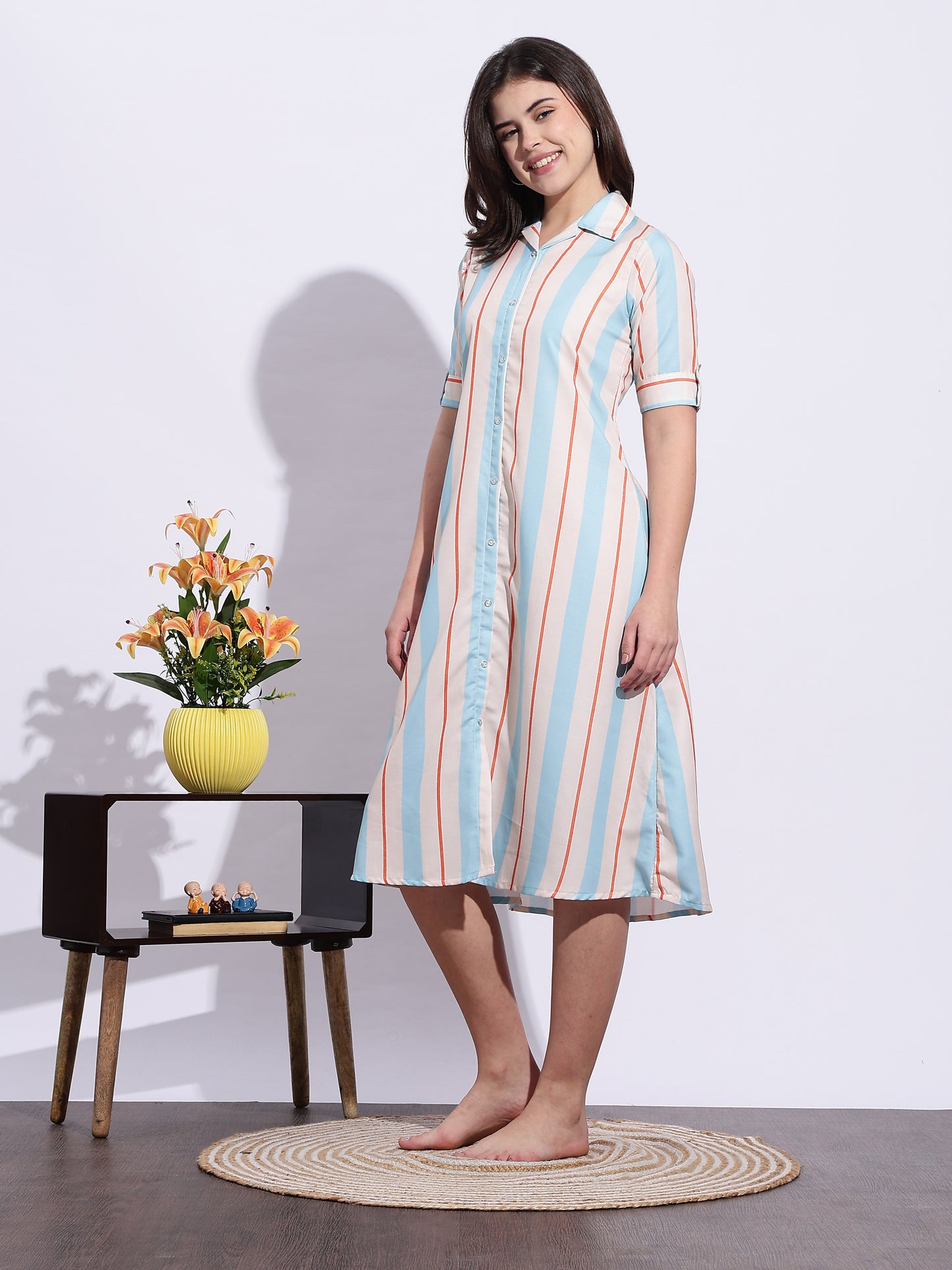 Retro Rush Printed A-Line Short Nighty for Teens Soft Striped Dress