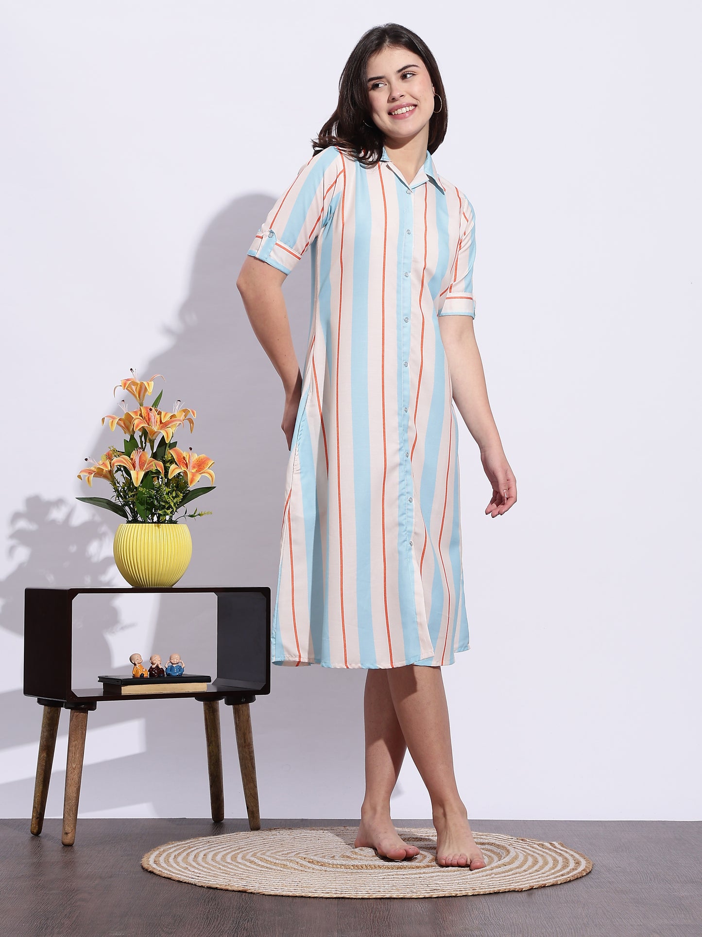Retro Rush Printed A-Line Short Nighty for Teens Soft Striped Dress