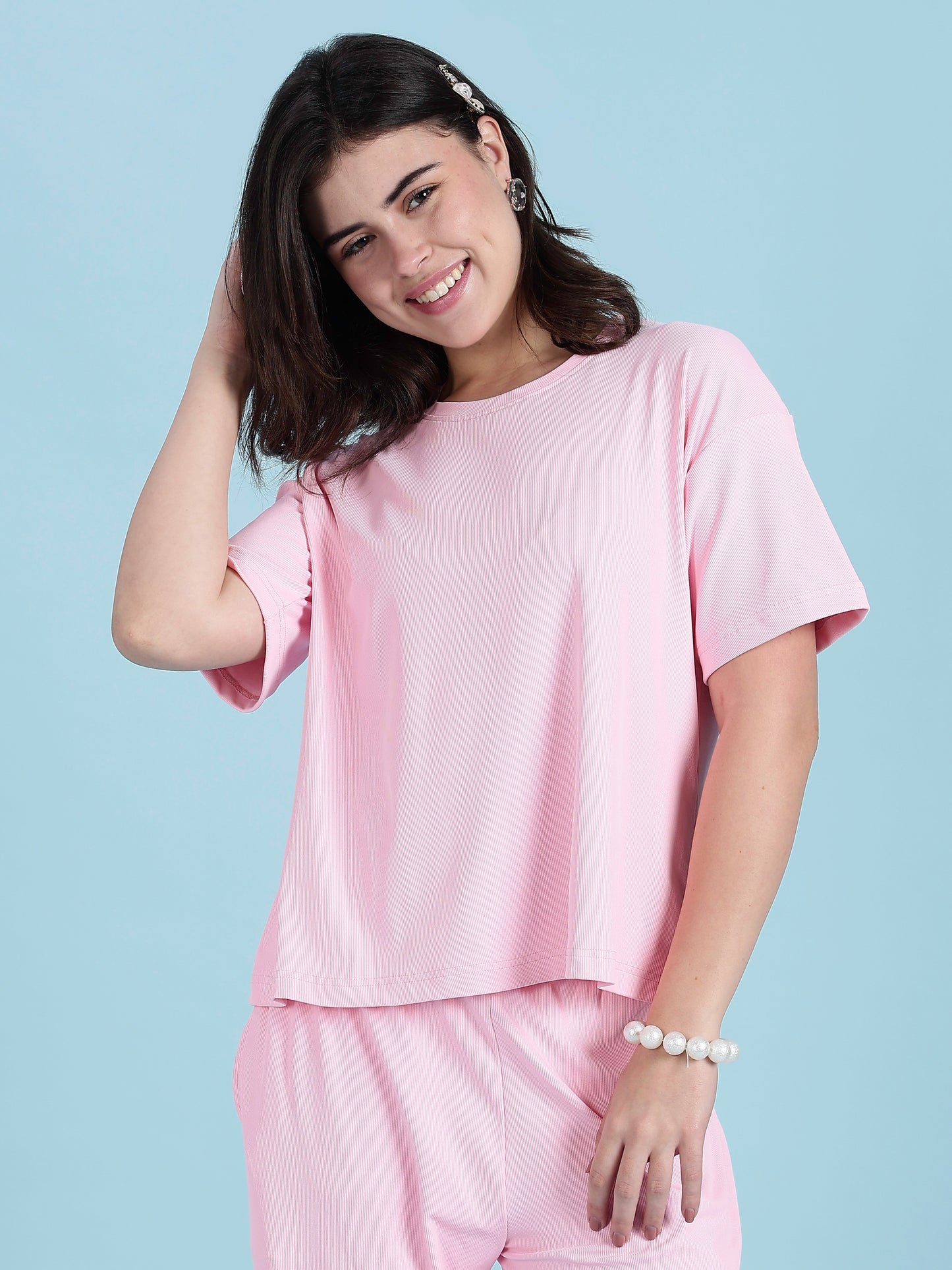 Bubblegum Pink Soft-Rib Solid PJ Set – Pastel Cozy Edit