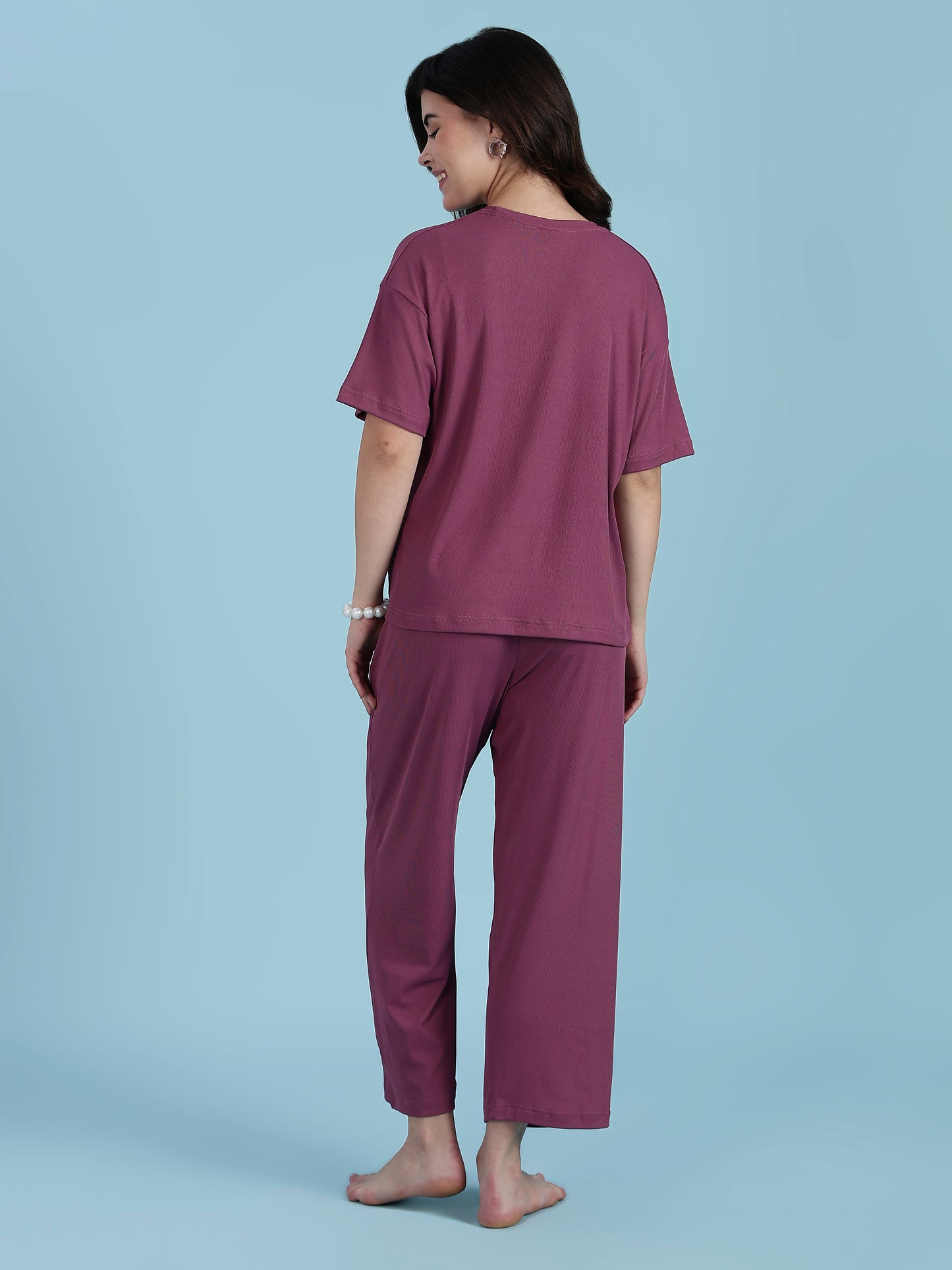Plum Glow Rib-Soft Loungewear Set | Cotton Blend Stretch Co-ord
