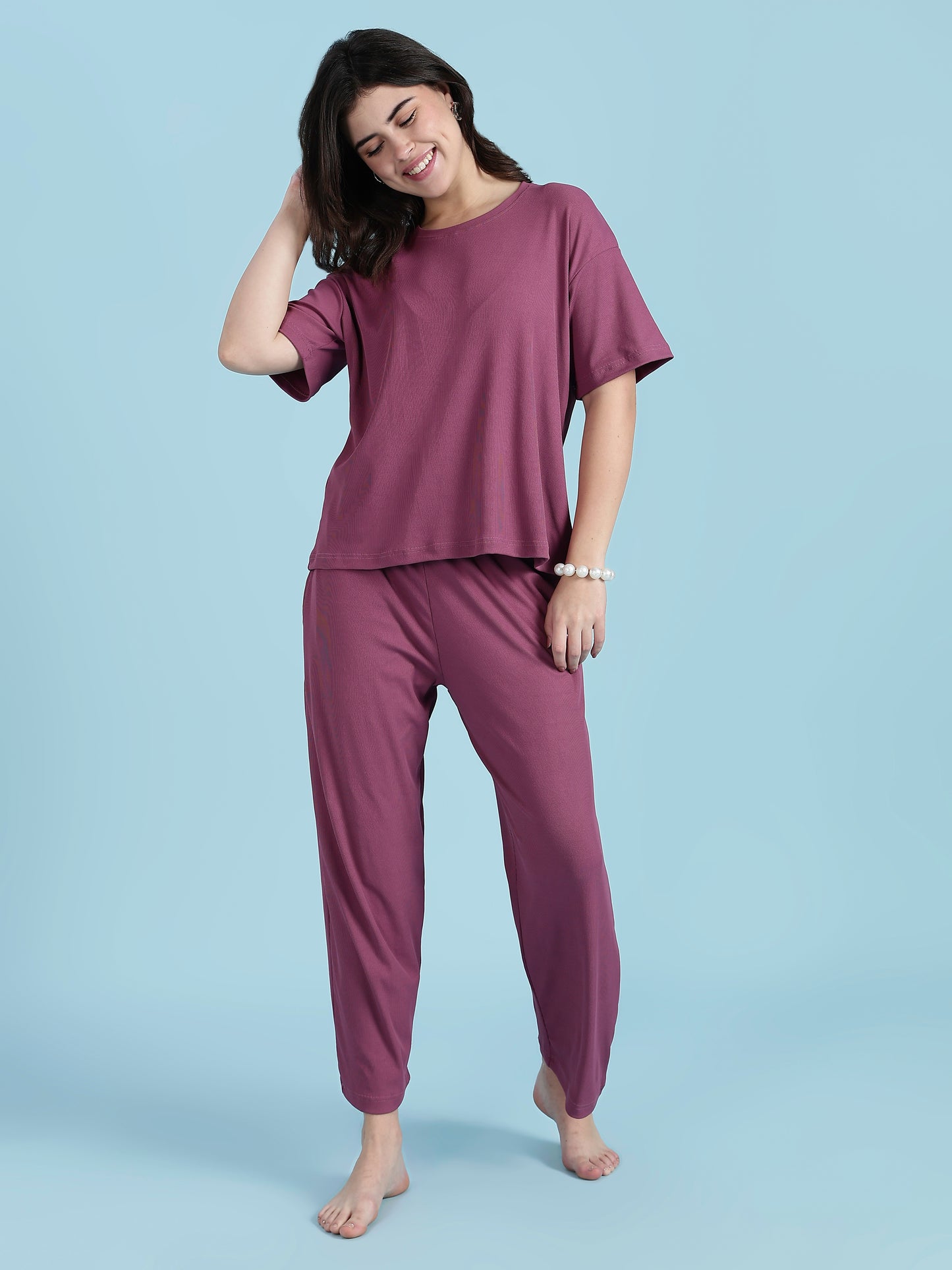 Plum Glow Rib-Soft Loungewear Set | Cotton Blend Stretch Co-ord