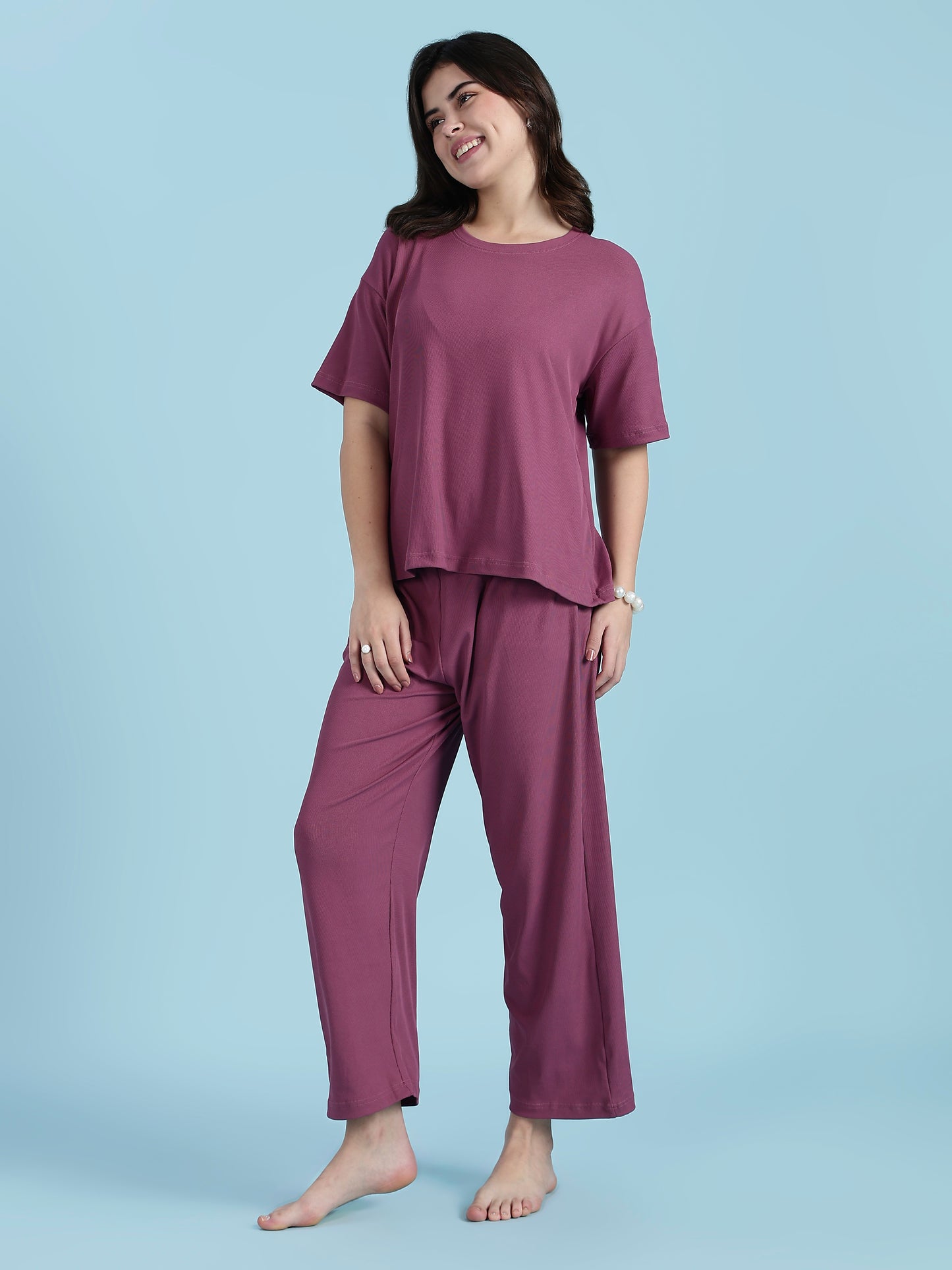 Plum Glow Rib-Soft Loungewear Set | Cotton Blend Stretch Co-ord