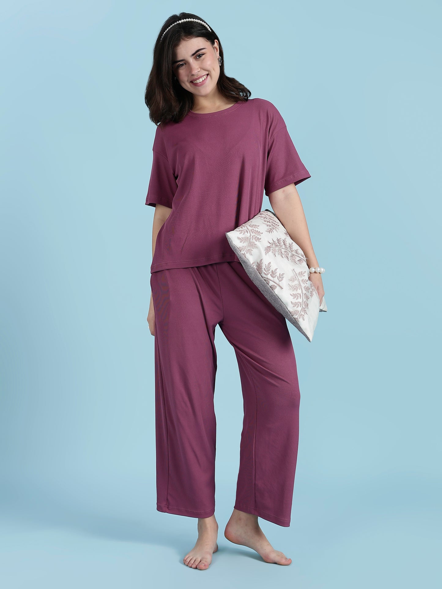 Plum Glow Rib-Soft Loungewear Set | Cotton Blend Stretch Co-ord
