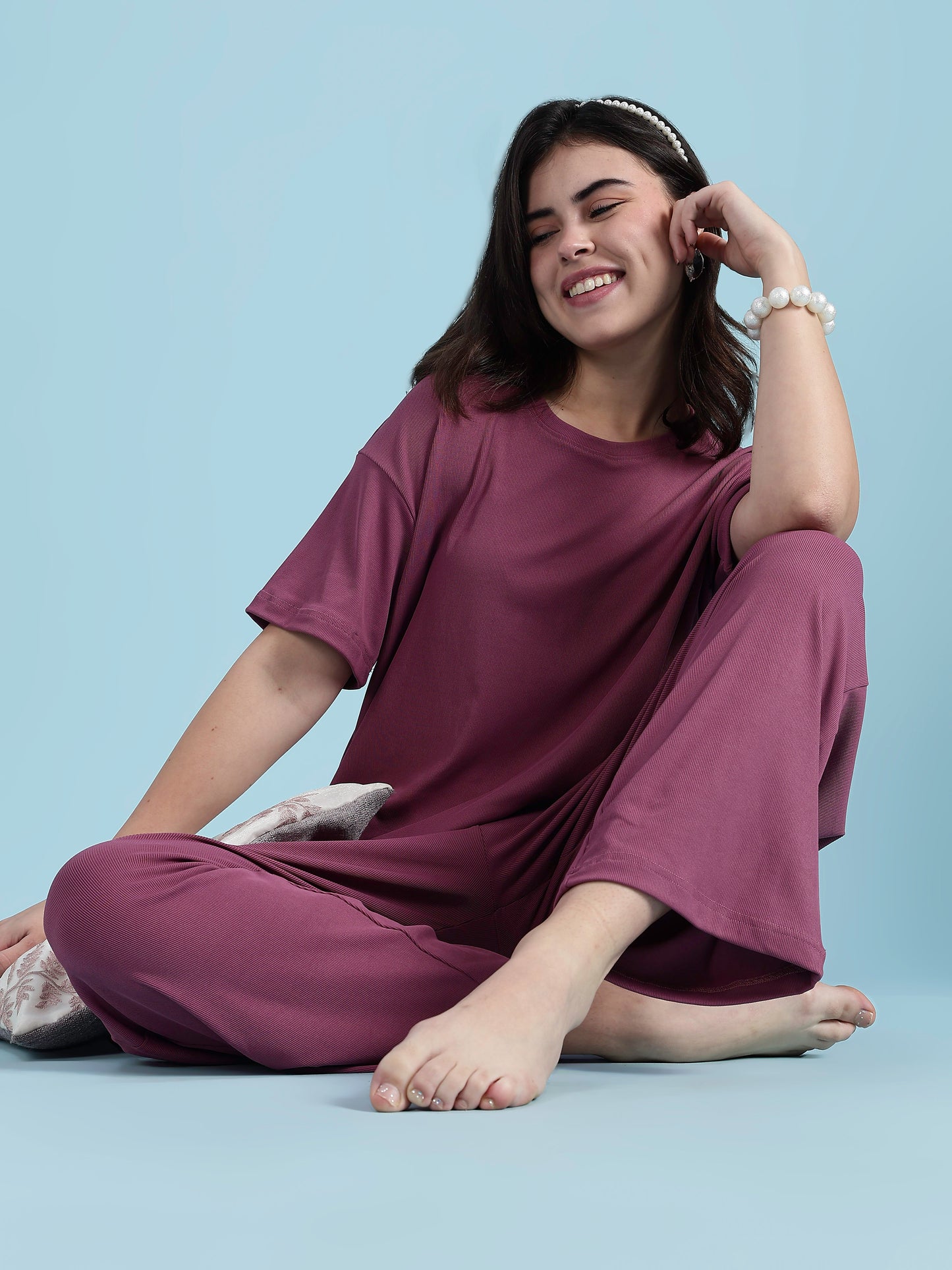Plum Glow Rib-Soft Loungewear Set | Cotton Blend Stretch Co-ord