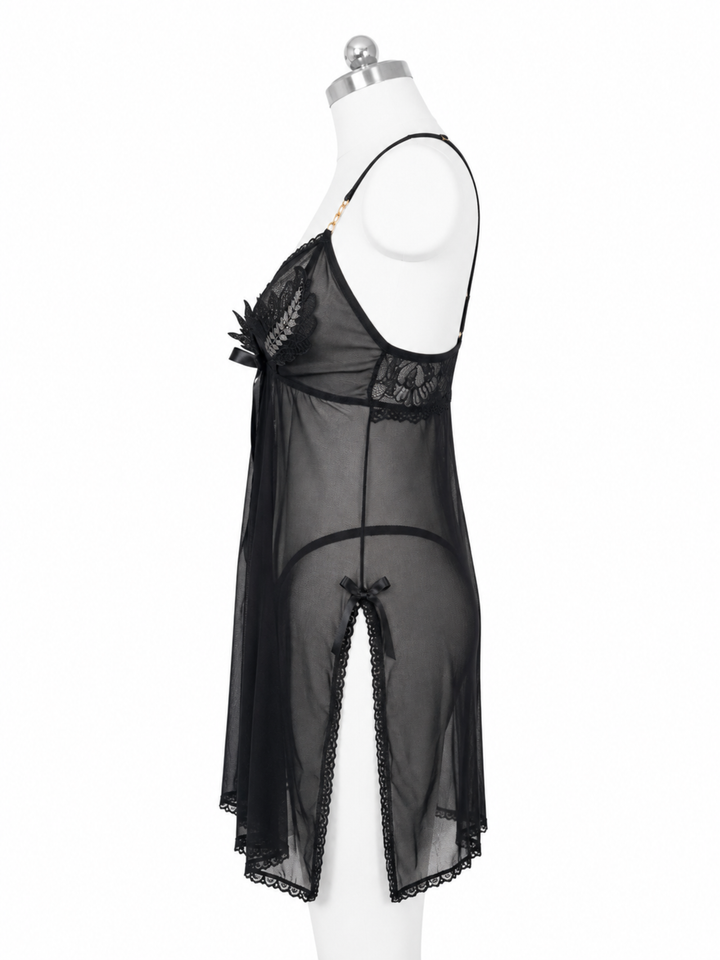 Black Powernet Babydoll Dress with Sheer Lace Back
