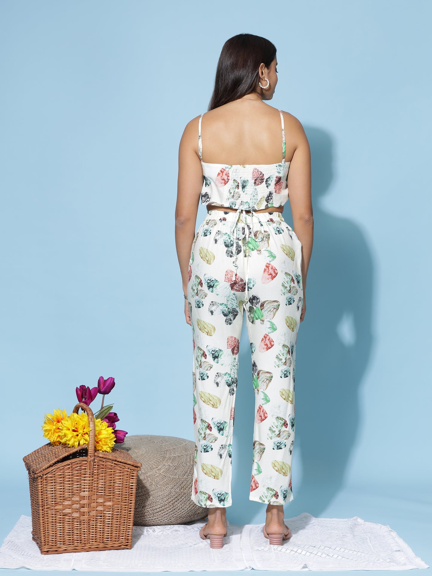 Ivory Multi Leaf Print 3 Piece Coord Set for Women with Shrug and Crop Top