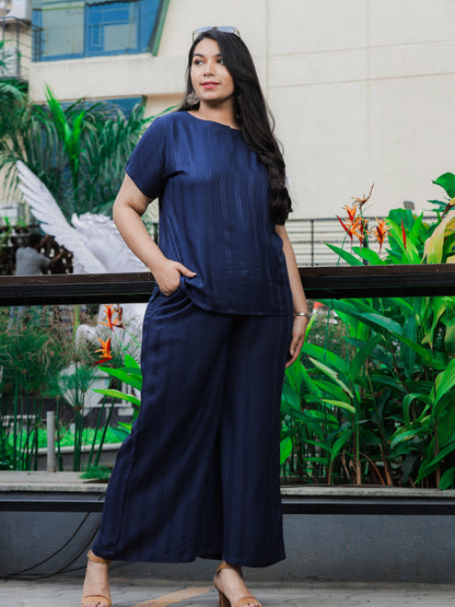 Midnight Navy Round Neck Coord Sets for Women with Relaxed Fit and Subtle Texture