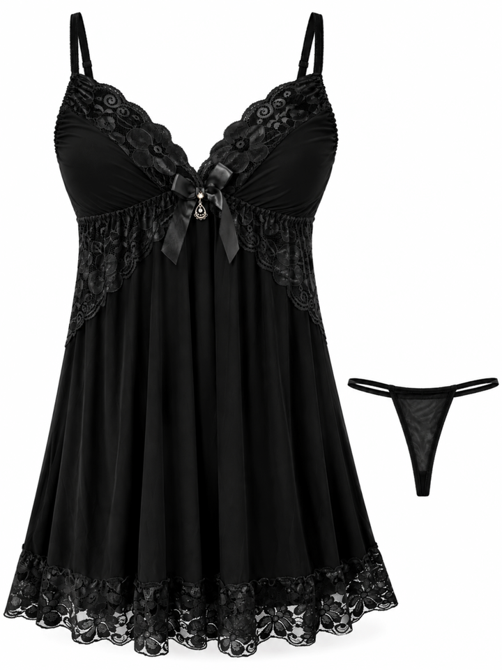 Black Velvet Malai Modal Babydoll Dress Lace V Neck Flowy Fit
