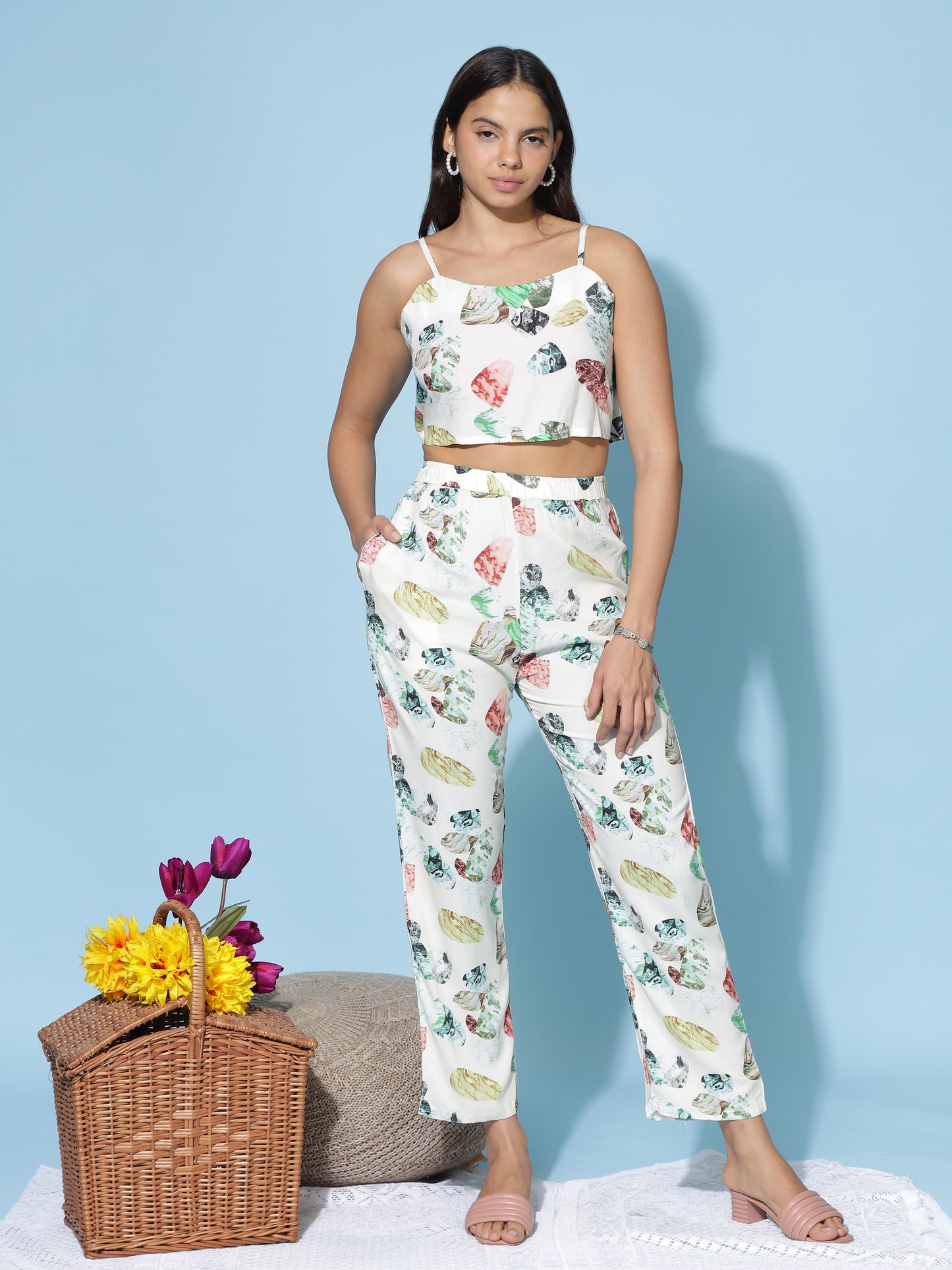 Ivory Multi Leaf Print 3 Piece Coord Set for Women with Shrug and Crop Top