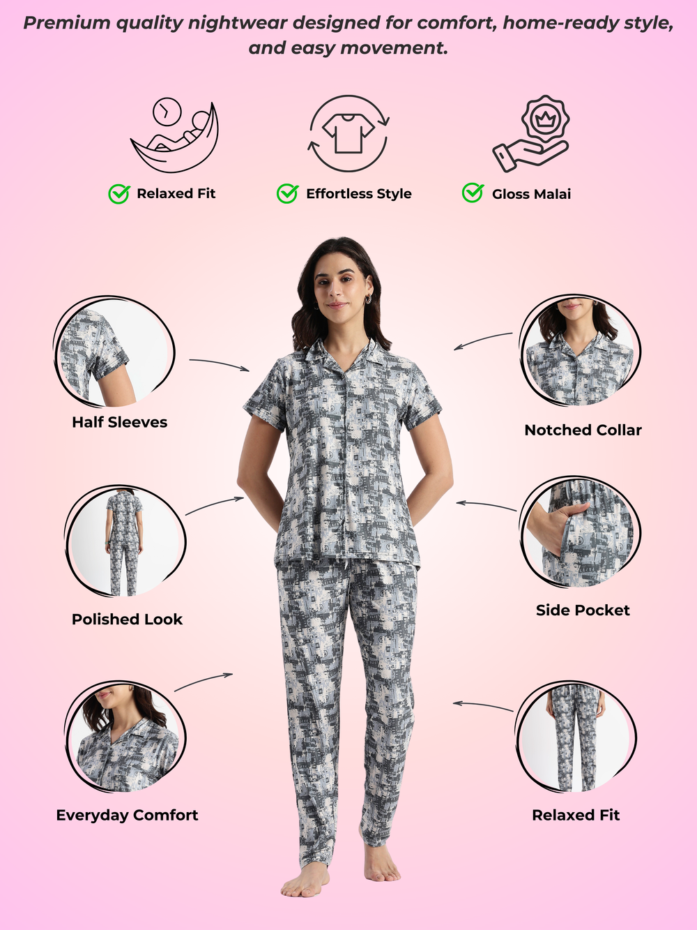 Urban grey gloss malai cozy and modern night suits for women