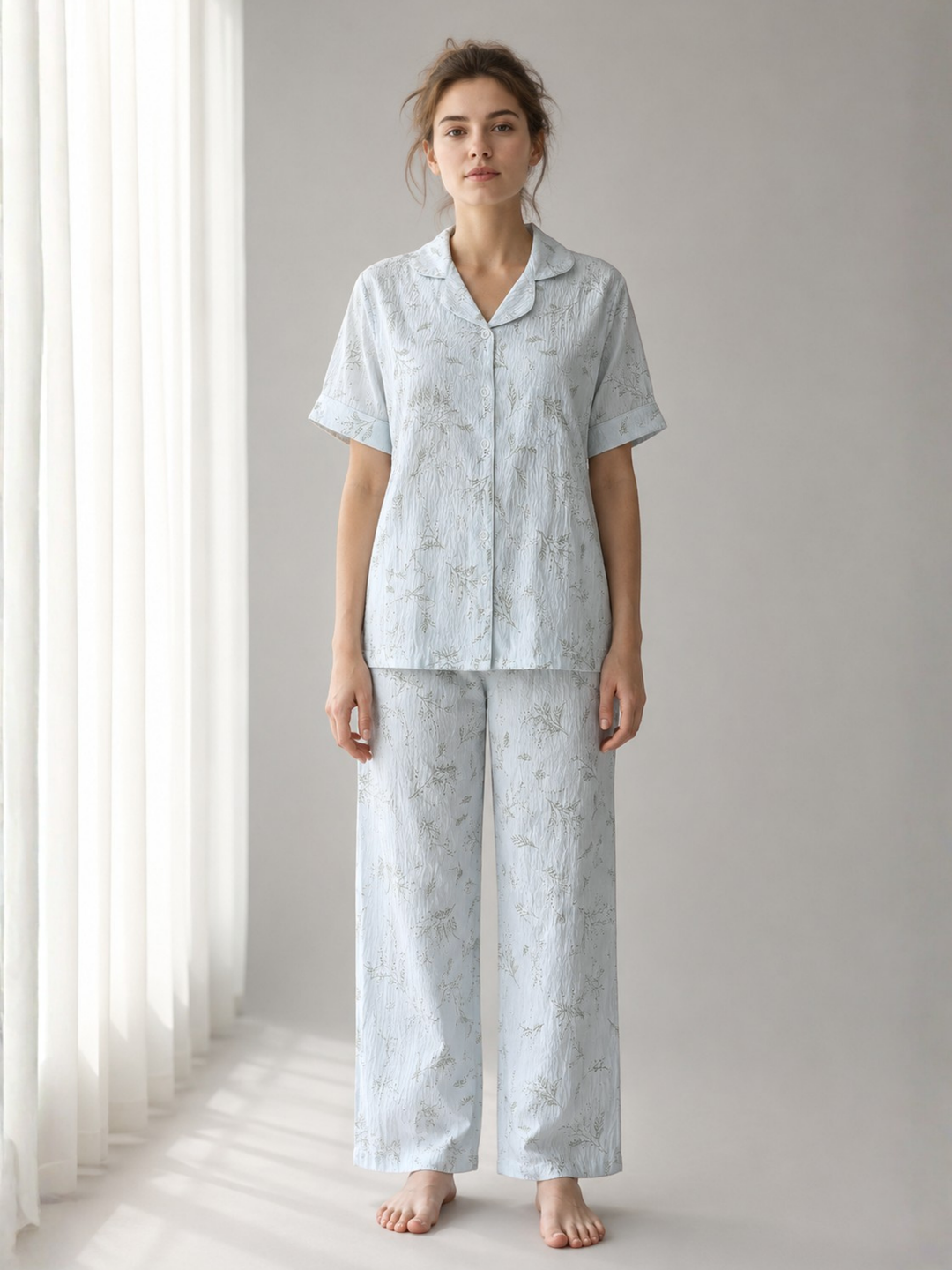 Pastel Blue Crush Fabric Botanical Sprig Print Korean Night Suit for Women