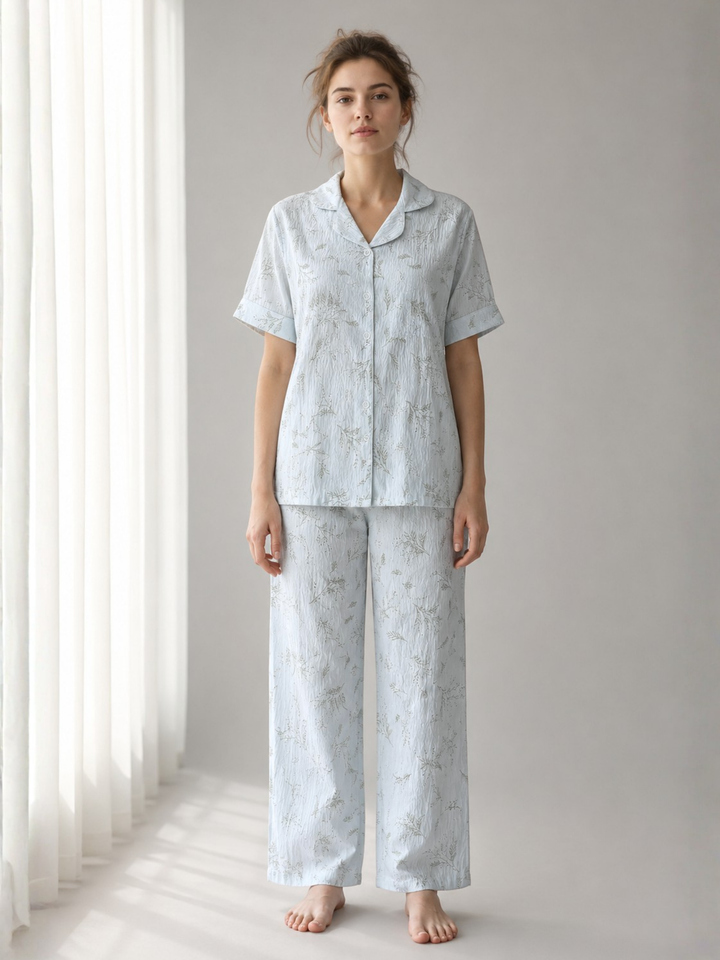 Pastel Blue Crush Fabric Botanical Sprig Print Korean Night Suit for Women
