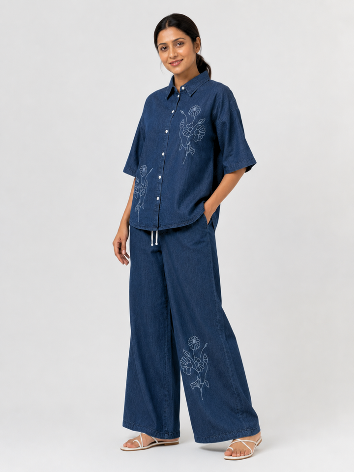 Dark Blue Denim Co Ord Set for Women with Floral Embroidery