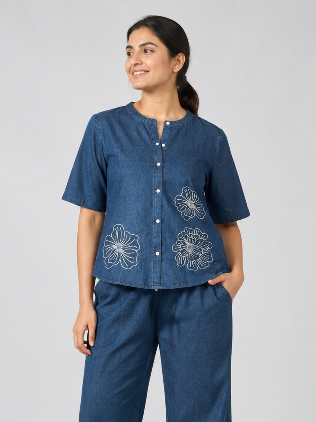 Light Blue Denim Co Ord Set for Women with Floral Embroidery