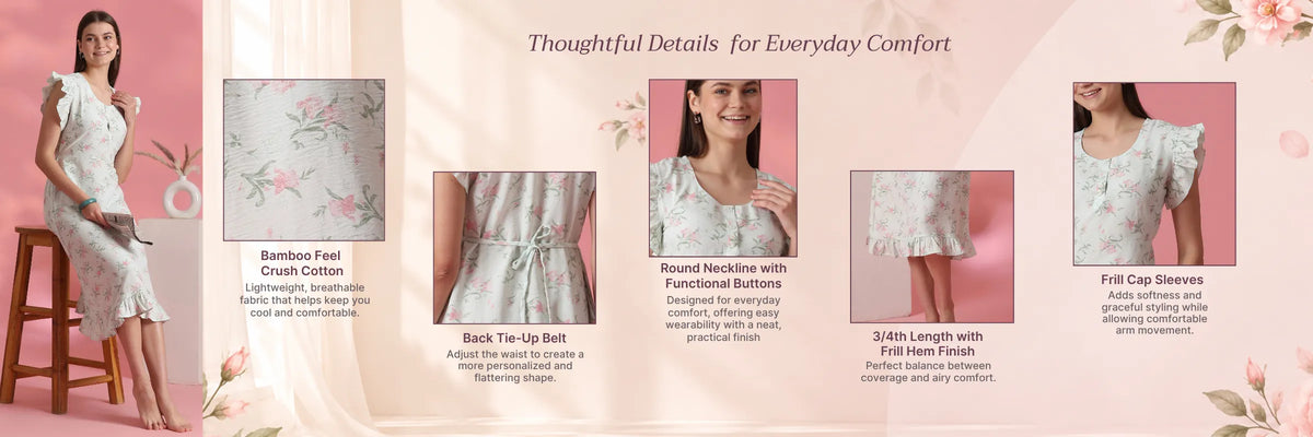 Azure Dreams Tie Waist Bamboo Feel Crush Cotton Nightdress
