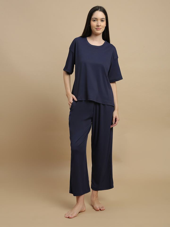 Blue Aura Solid Micro Rib Pyjama Set for Women