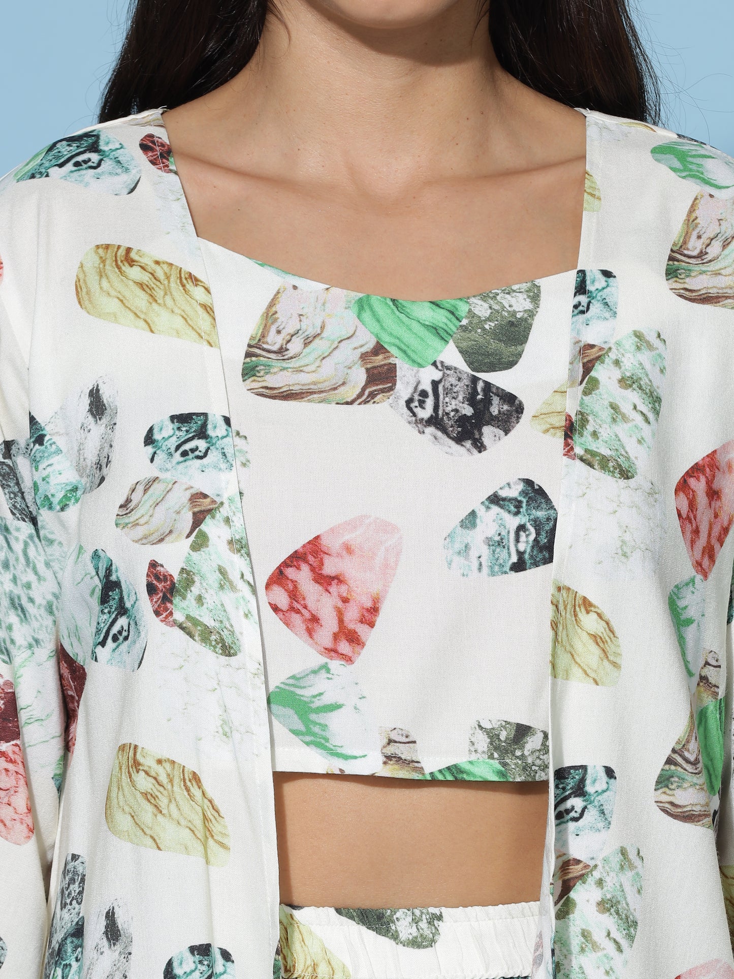 Ivory Multi Leaf Print 3 Piece Coord Set for Women with Shrug and Crop Top
