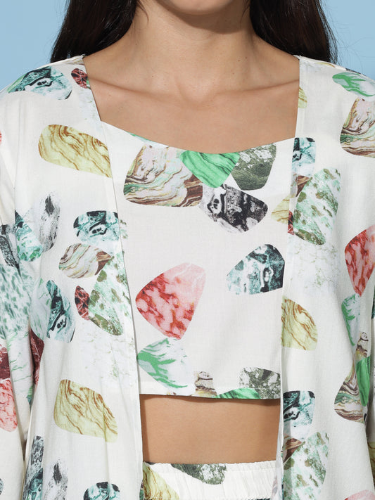 Ivory Multi Leaf Print 3 Piece Coord Set for Women with Shrug and Crop Top