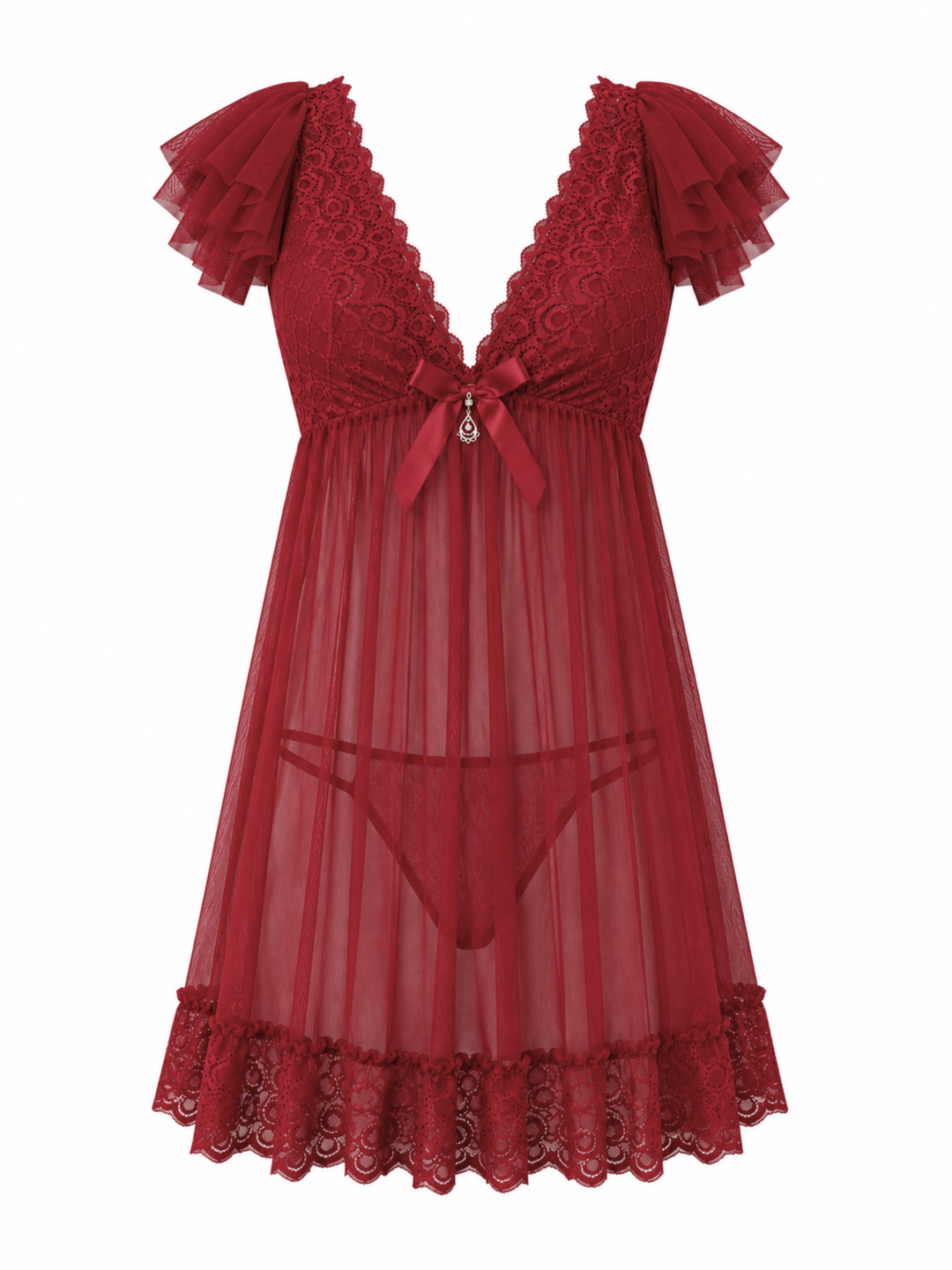 Berry Rouge Power Net Babydoll Dress for Women Elegant Sleepwear