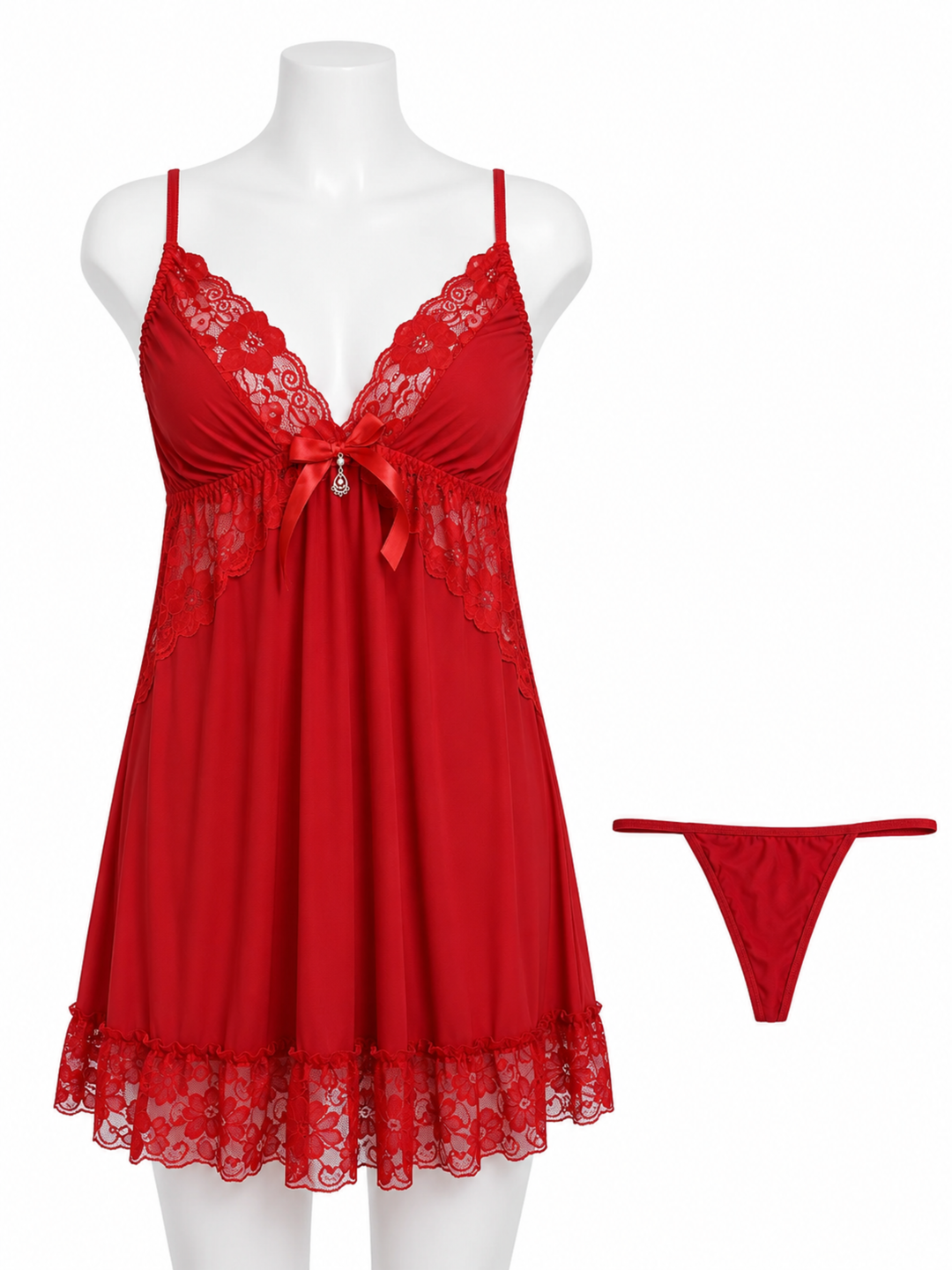 Red Crush Malai Modal Lace Babydoll Dress with Matching Thong for Women
