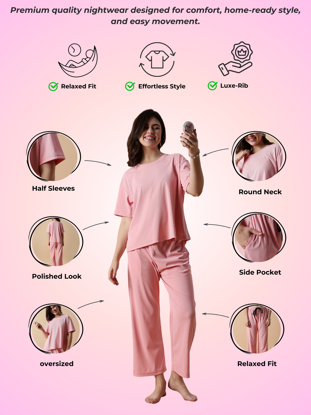 Soft Peach Micro-Rib Lounge Co-ord Set Flowy Tee & Comfy Straight Pants