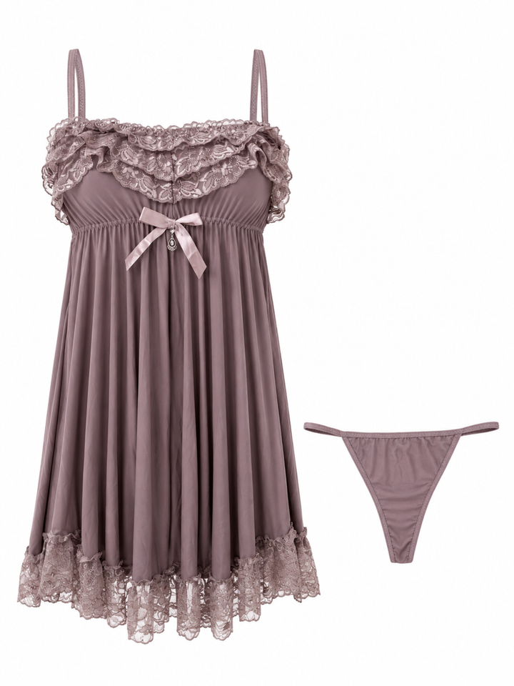 Dusty Taupe Babydoll Dress Soft Lace A Line Bridal Nightwear
