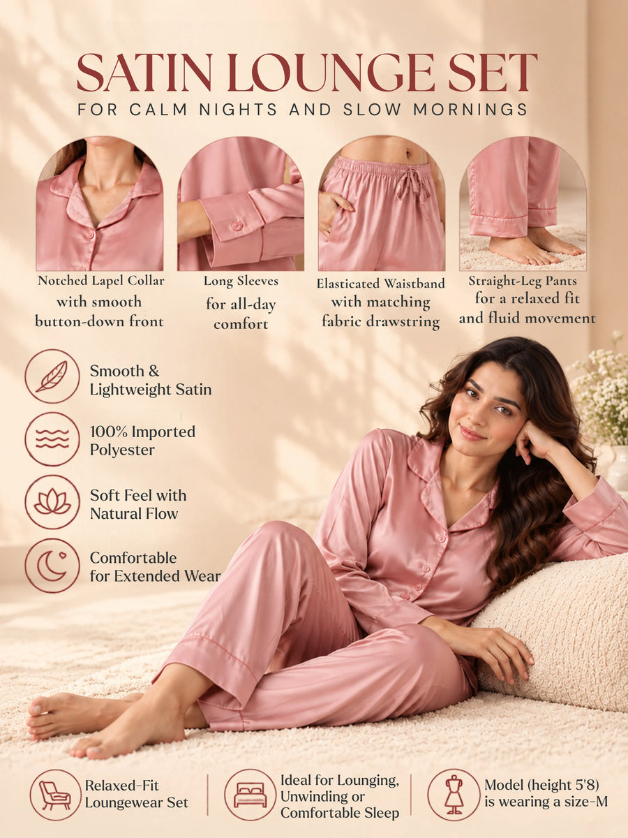 Coffee Nude Satin Long Sleeve Loungewear And Night Suit Set with Minimal Finish