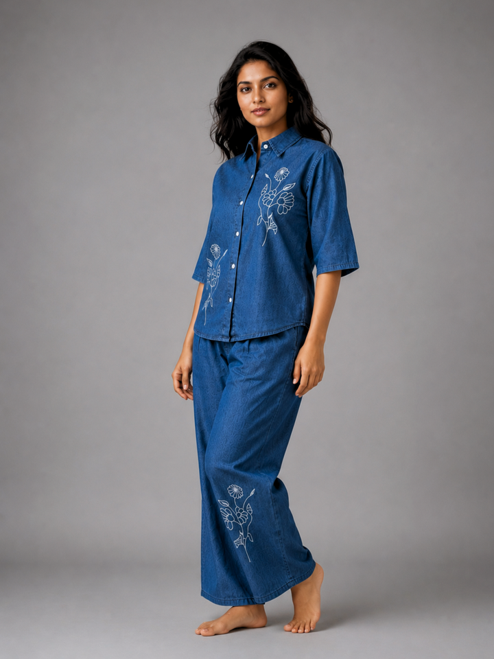 Dark Blue Denim Co Ord Set for Women with Floral Embroidery