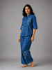 Dark Blue Denim Co Ord Set for Women with Floral Embroidery