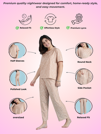 Creamy Heart Dream-Soft Lycra PJ Set for Girls And Women
