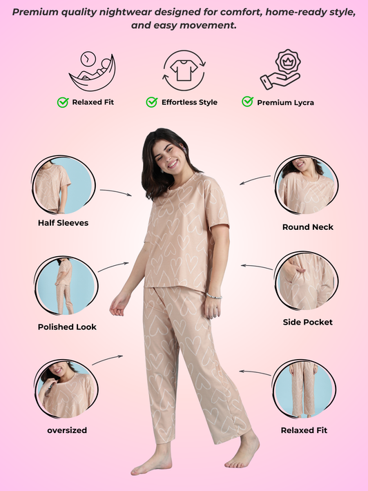 Creamy Heart Dream-Soft Lycra PJ Set for Girls And Women