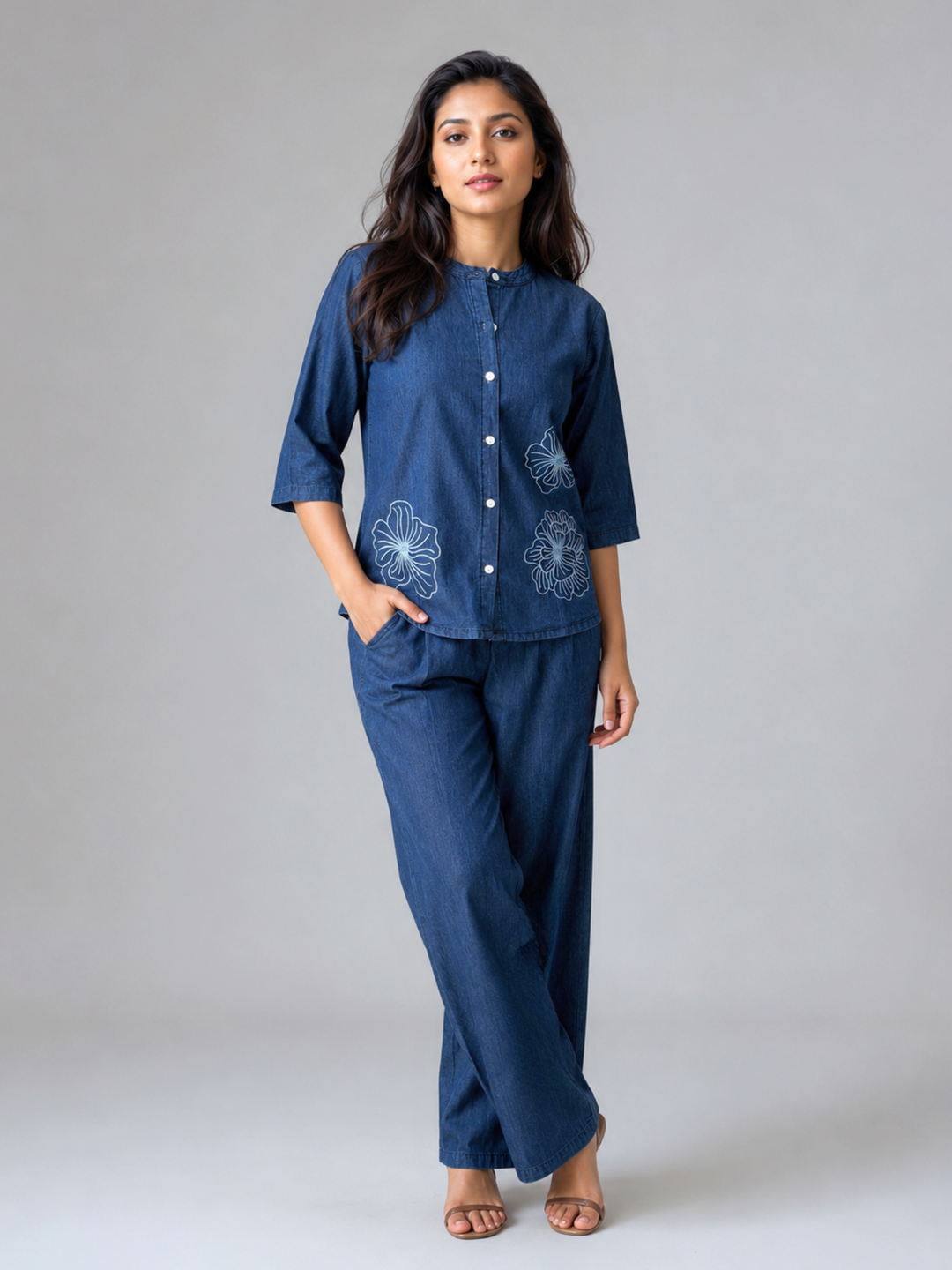 Denim Co Ord Set for Women with Floral Embroidery
