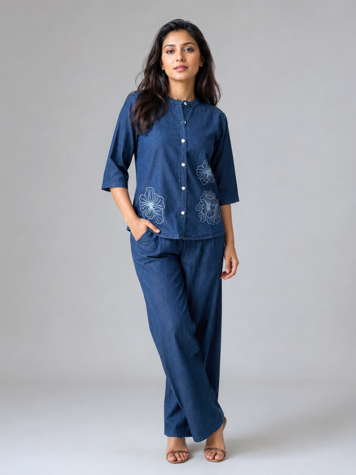Denim Co Ord Set for Women with Floral Embroidery