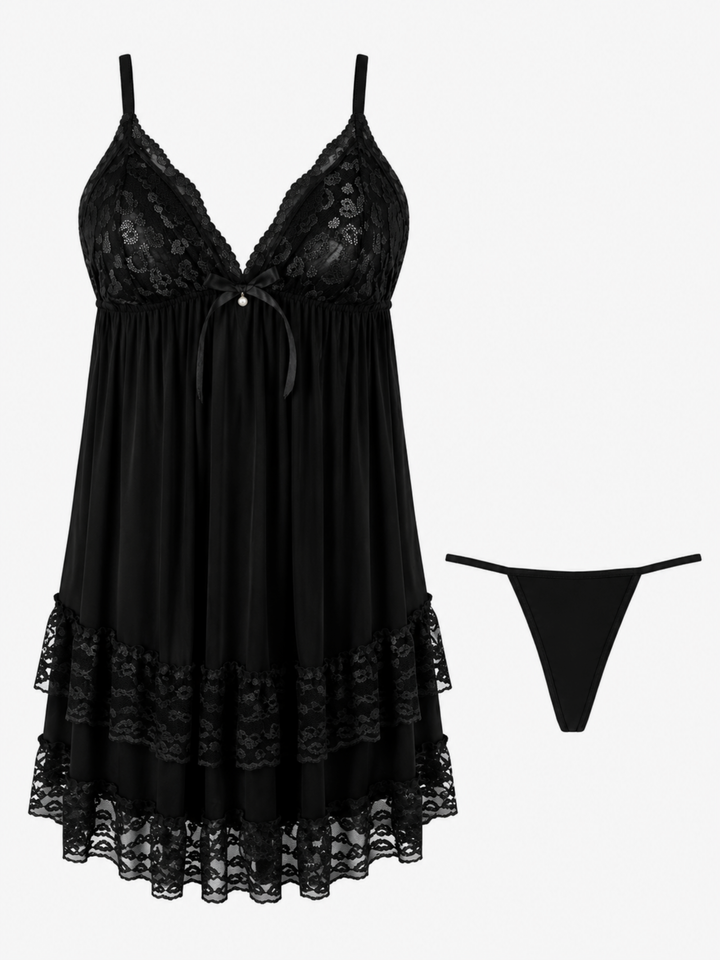 Black Velvet Malai Modal Babydoll Dress Bridal Deep V Lace