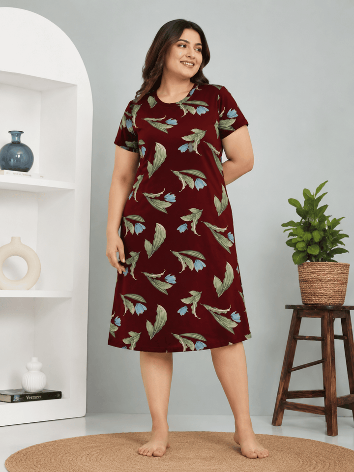 Wine Floral Cotton Short Nighty for Women Soft and Breathable