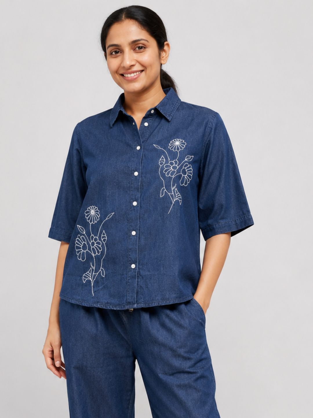 Light Blue Denim Co Ord Set for Women with Floral Design