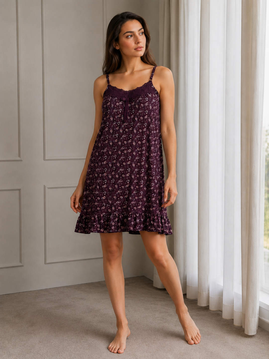 Wine Romance Floral Viscose Modal Babydoll Dress for Women