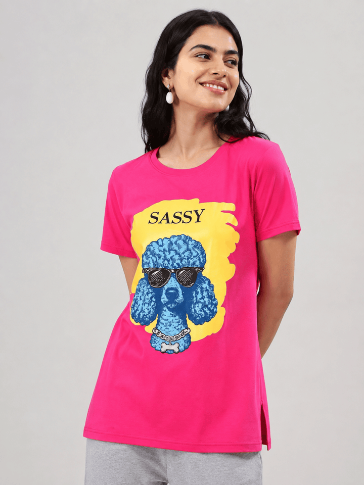 Rani Pink Printed Hosiery Cotton Long T Shirt for Women