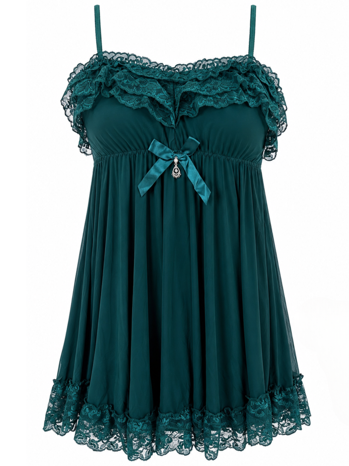 Emerald Green Babydoll Dress Floral Lace A Line Nightwear